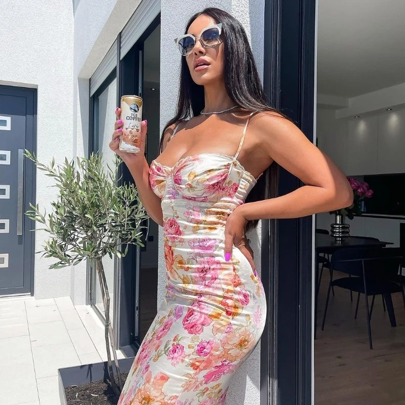 

Summer Spaghetti Strap Floral Print Dress Elegant Slim Fit Backless Camisole Dress Fashion Women's Wedding Guests' Holiday Dress