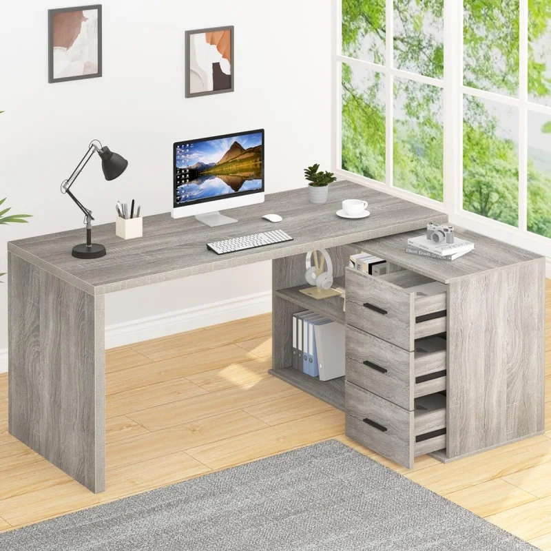 

HSH 360° Rotating L Shaped Computer With 3 Drawers And 2 Shelves, Home Office Swivel Desk For Work Writing Study Gaming, Re