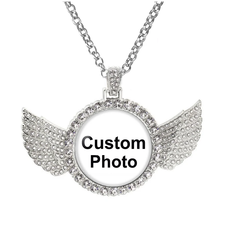 Personalized Photo Custom Pictures Silver Plated Crystal Wings Glass Cabochon Pendant Necklace 60cm Chains