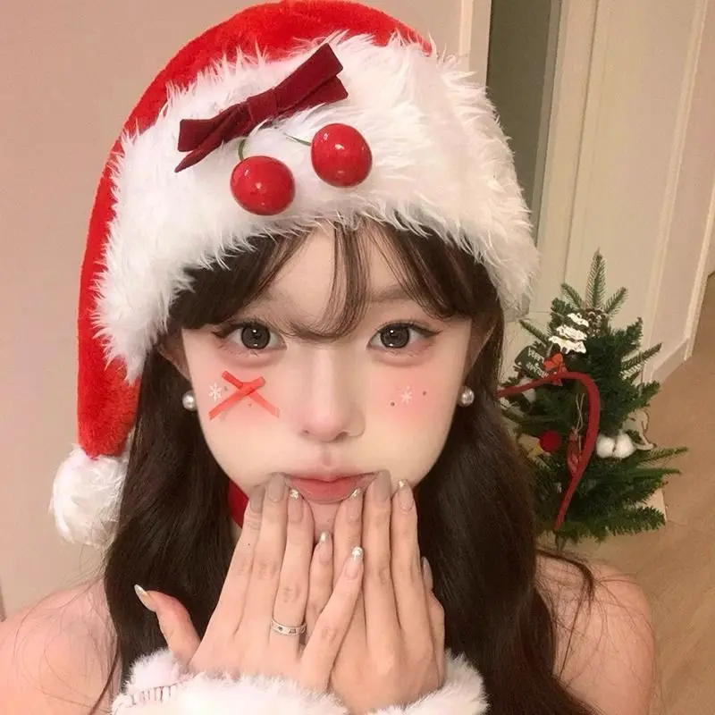 New Cute Cherry plush Christmas Hat Sweet New Year Santa Claus Hat Festive Party Velvet Fur Xmas Cap Bowknot Festive