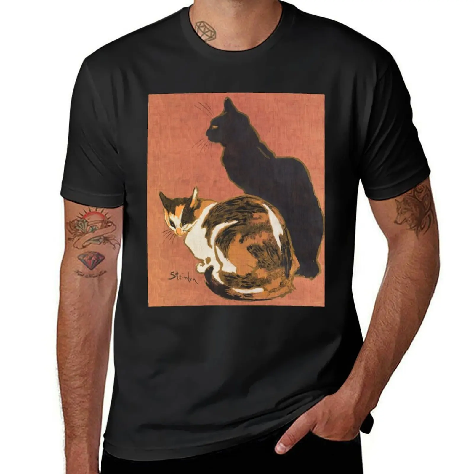 

Vintage Two Cats Painting Steinlen T-Shirt summer clothes sports fans Blouse slim fit t shirts for men