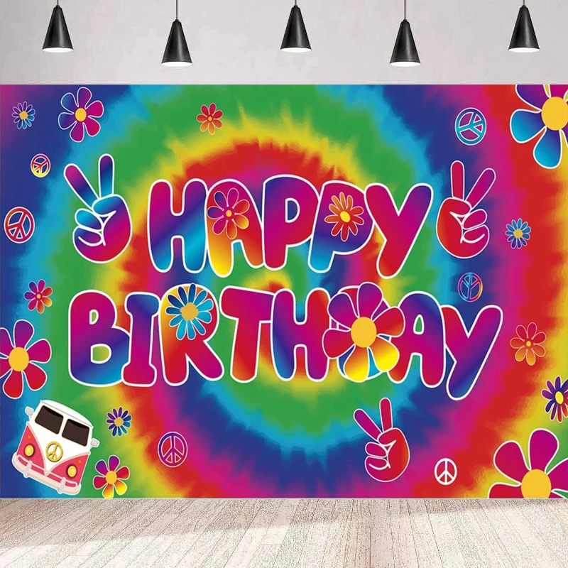 Photography Backdrop with 60's Carnival Groovy Happy Birthday Party Banner Retro Hippie Boho Background Wall Poster Decoration