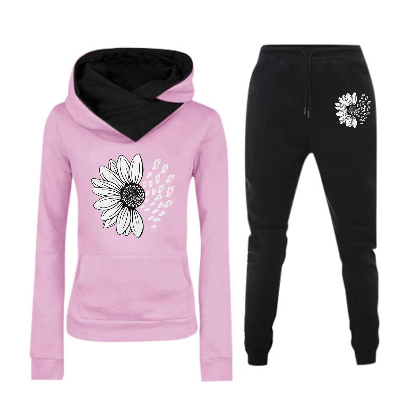 Women's Sunflower Print Fleece Lined Hoodie & Sweatpants Set Activewear For Style & Warmth Bridal Romper Ski Pants Bibs