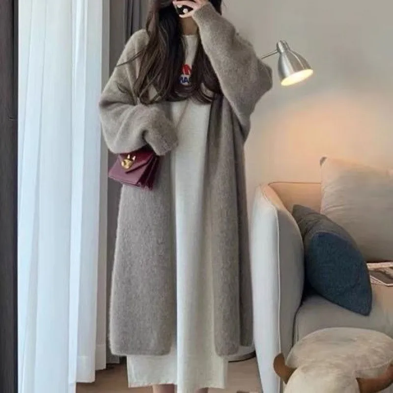 Autumn and Winter New Lazy Style Thick Cardigan Women's Mid to Long Loose Knitted Sweater Solid Color Knee Length Jacket