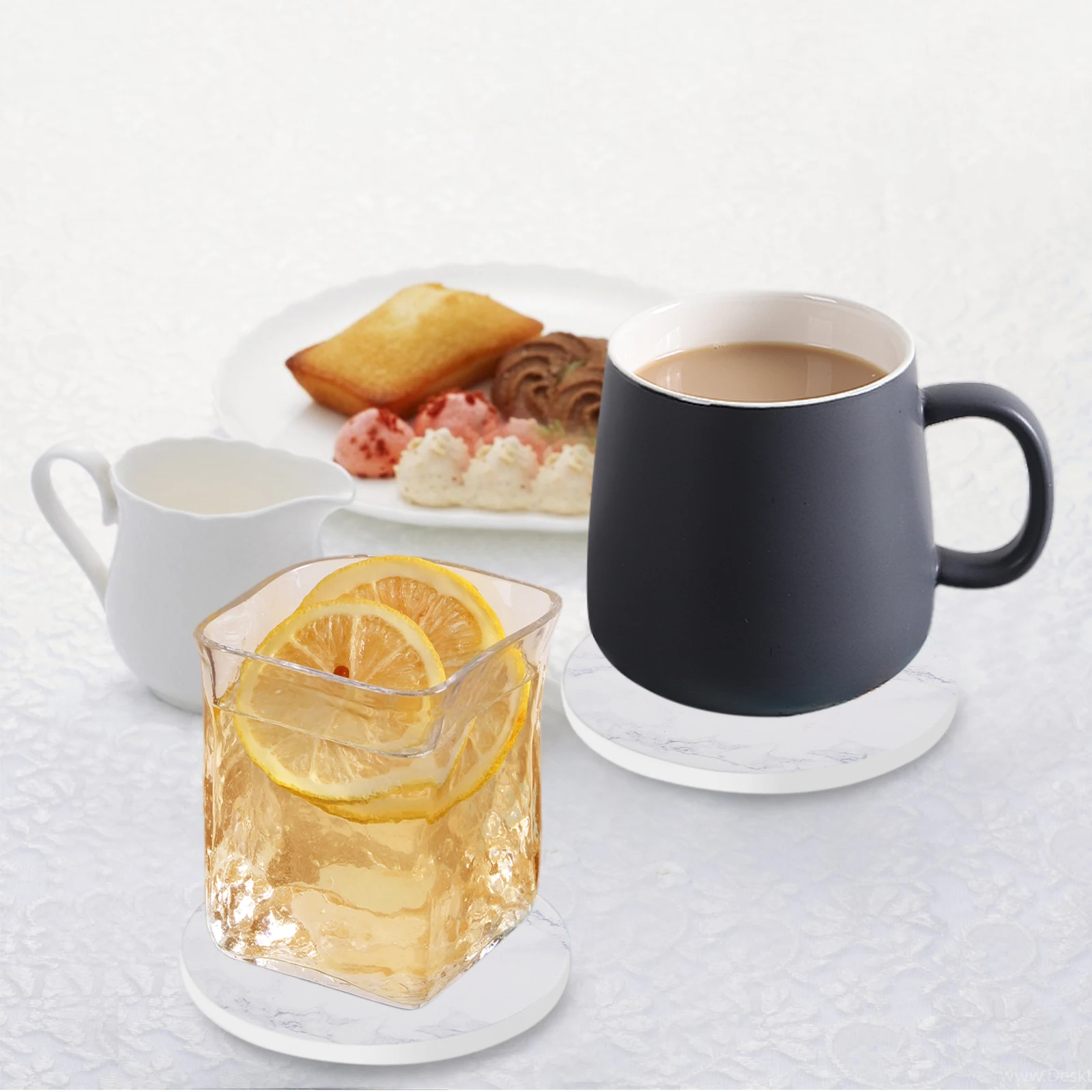Set Of 6 Beverage Coasters With Stand Round 4in Ceramic Coaster With Metal Stand Absorbent Marble Stone Coaster With Cork Base