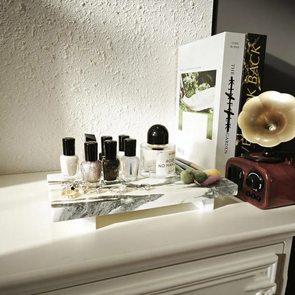 حامل قاعدة رخامية موفر للمساحة، صينية حمام مدمجة، قاعدة حجرية غير قابلة للانزلاق، حامل صابون وحلقة، منظم علوي لخزانة الملابس