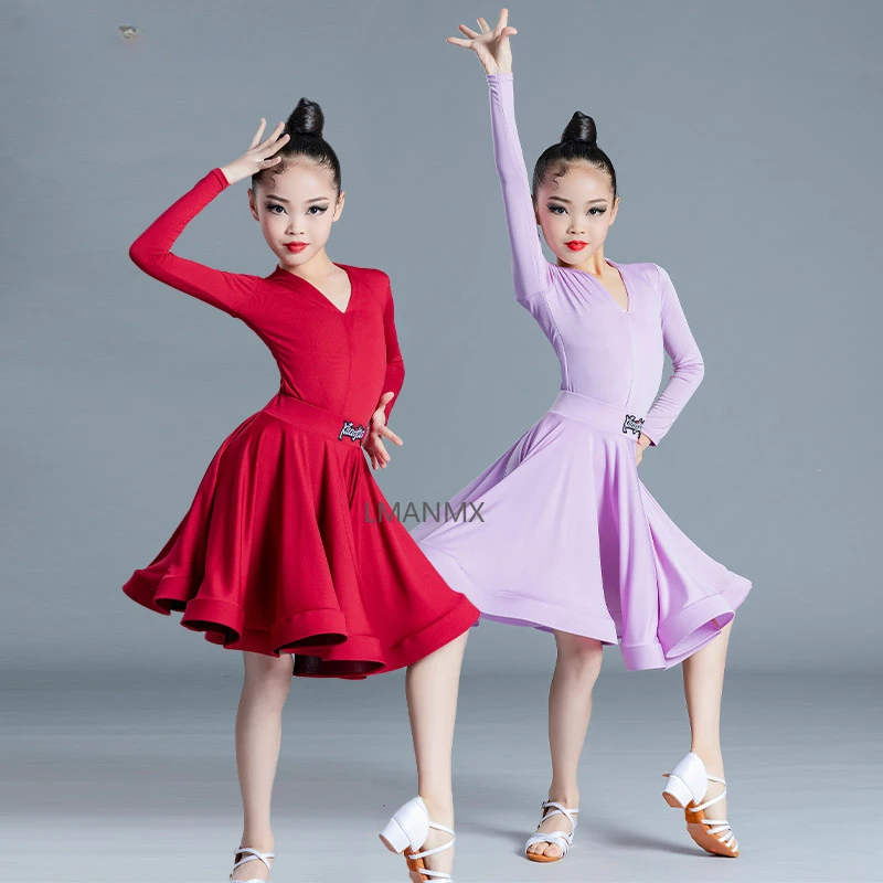 Nuovo vestito da pratica di danza delle ragazze di ballo latino per bambini vestito da ballo latino manica lunga concorrenza vestito diviso Perfo delle donne