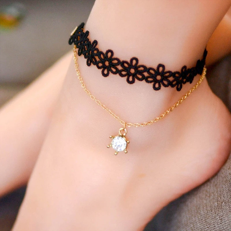 Sandalia Feminina Fashion Gothic Style Tattoo Lace Anklet Dangle Charm Beach Barefoot Sandals Foot Jewelry Anklets for Women