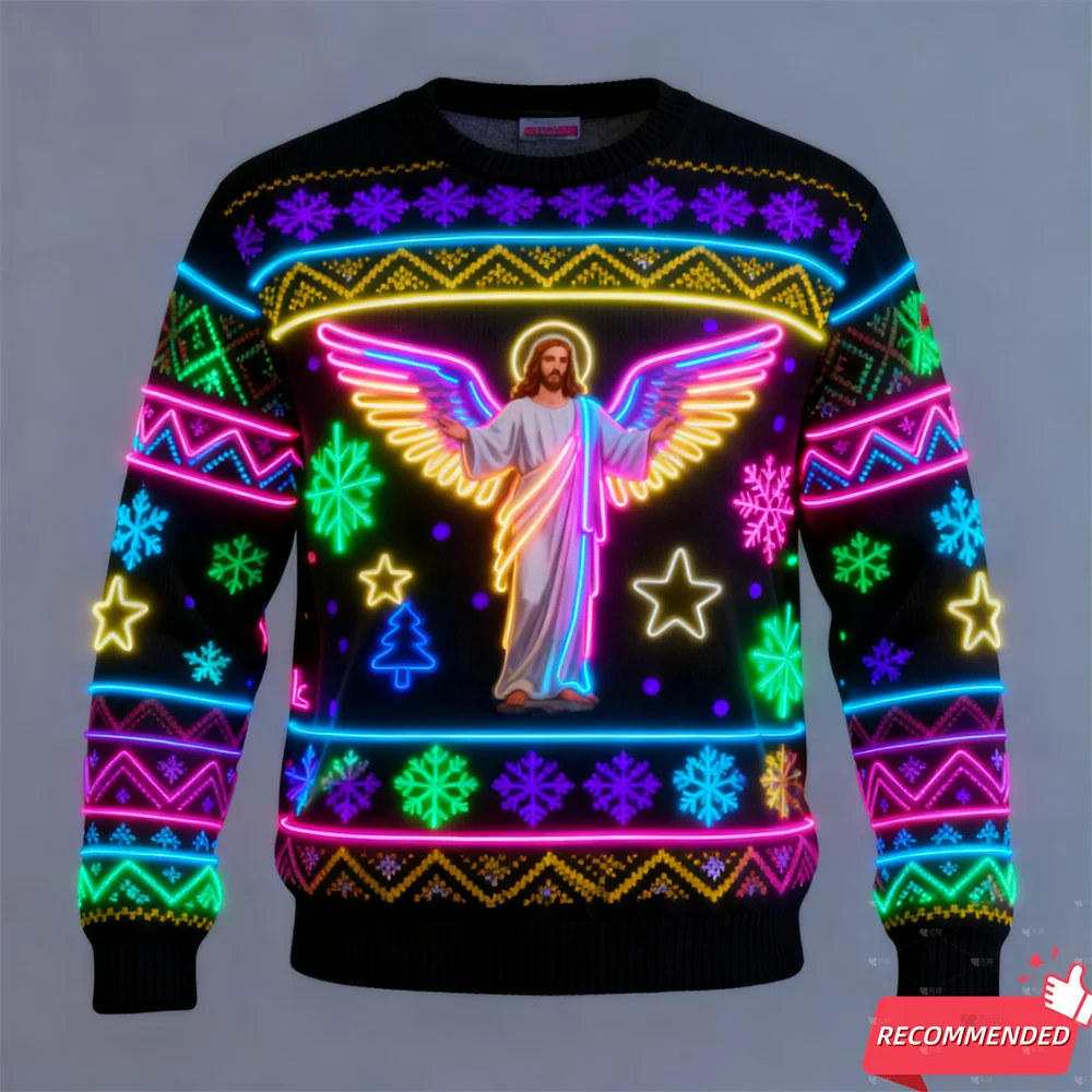 Sweater Natal Lucu 3D Print Motif Tupai Natal, Baju Natal Unisex Model Pullover Tracksuit, Desain Santa Yesus Neon Palsu 2025