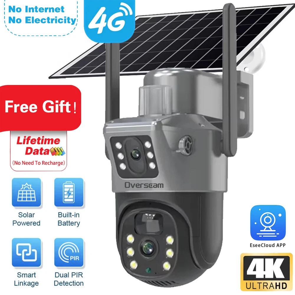 

4G Lifetime Data Dual Lens 8MP Surveillance Smart Security Camera Solar PTZ Audio Record PIR Detection Full Color Night Vision