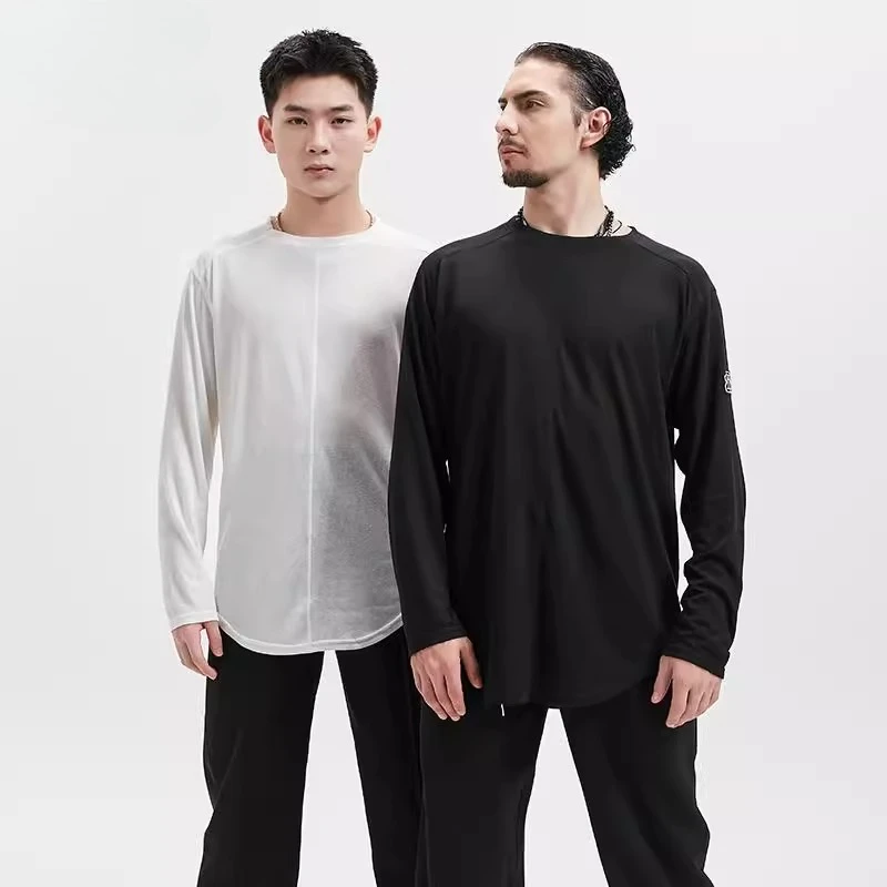

customized men adult Latin ballroom dance costume fashionable white round neck long sleeved T-shirt professional practice outfit