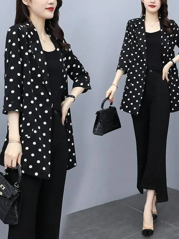 plus Size Women's Thin Outerwear Suit Summer Polka Dot Sun Protection High Waist Korean Style Loose Fit Jacket with Pockets