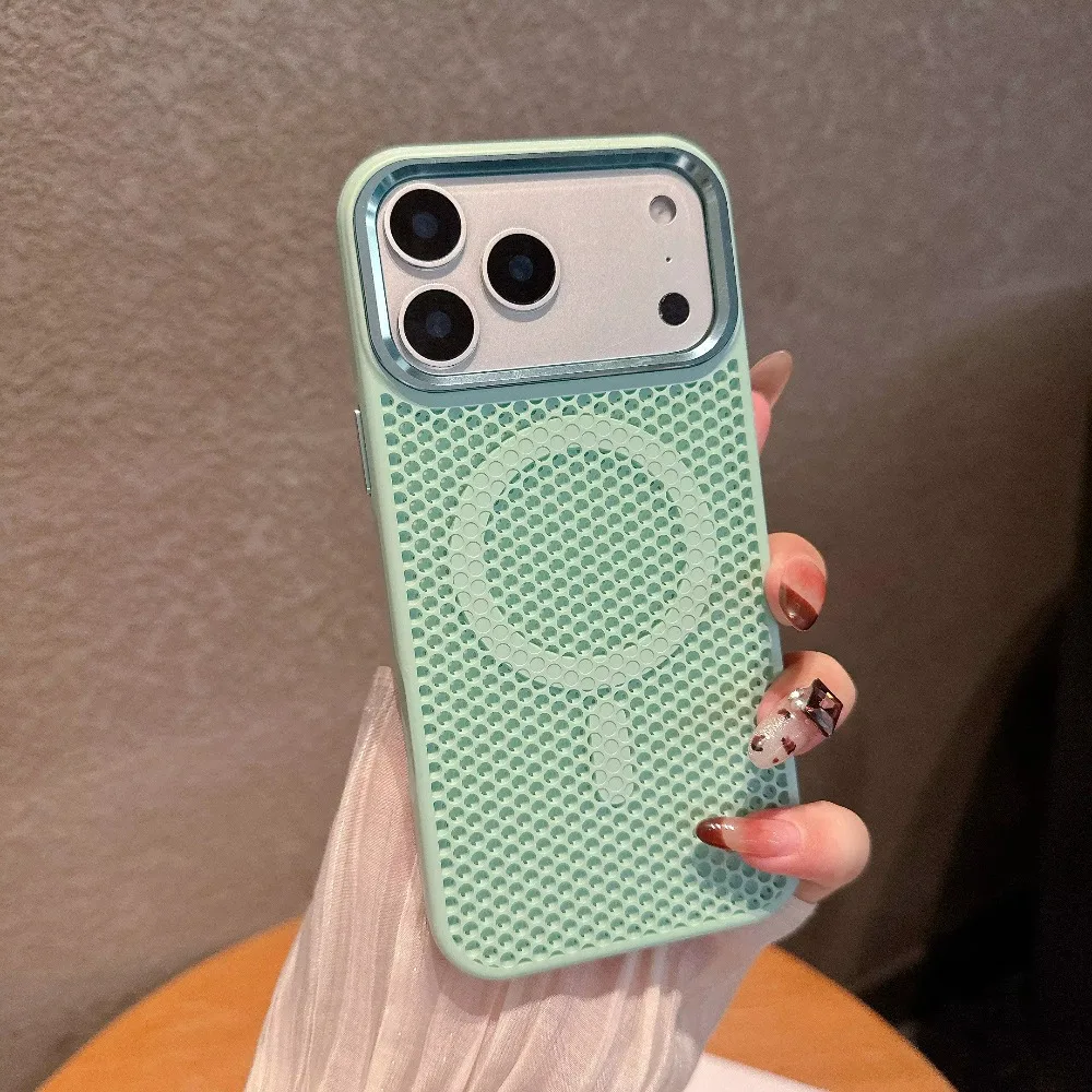 Honeycomb Grid Mesh Cooling for Magsafe Case for iPhone 18 Pro Max 17 16 15 14 13 12 Alloy Lens Wireless Charging Cover