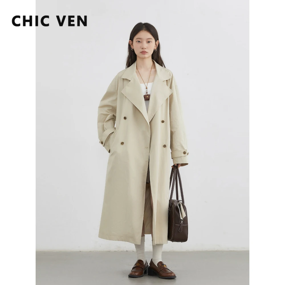 

CHIC VEN женский длинный плащ модный свободный однотонный пояс двубортная ветровка женская одежда весна осень новинка 2025
