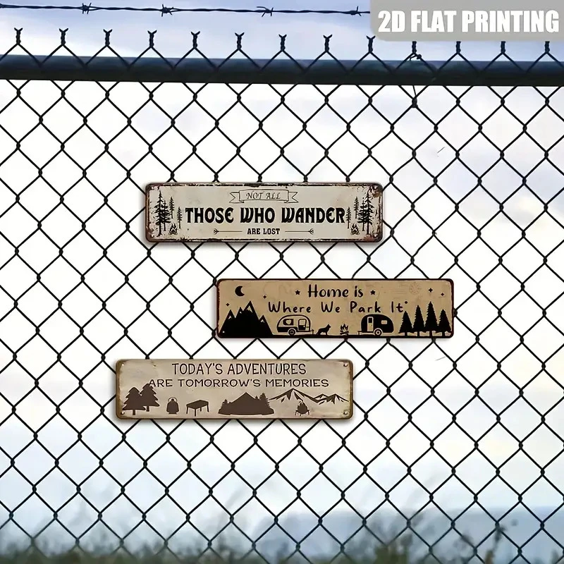 3Pcs 10x40cm Vintage Camping Metal Tin Signs, RV Mountain Forest Adventure Slogan Long Iron Plaque, Retro Wall Decor For Camper