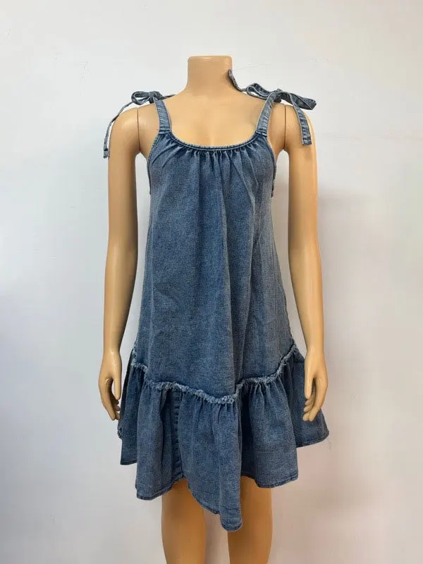 Abito sottoveste da donna Abiti in denim Una linea senza maniche con lacci Pieghe in difficoltà Abiti Streetwear 2025 Abito estivo vintage estivo