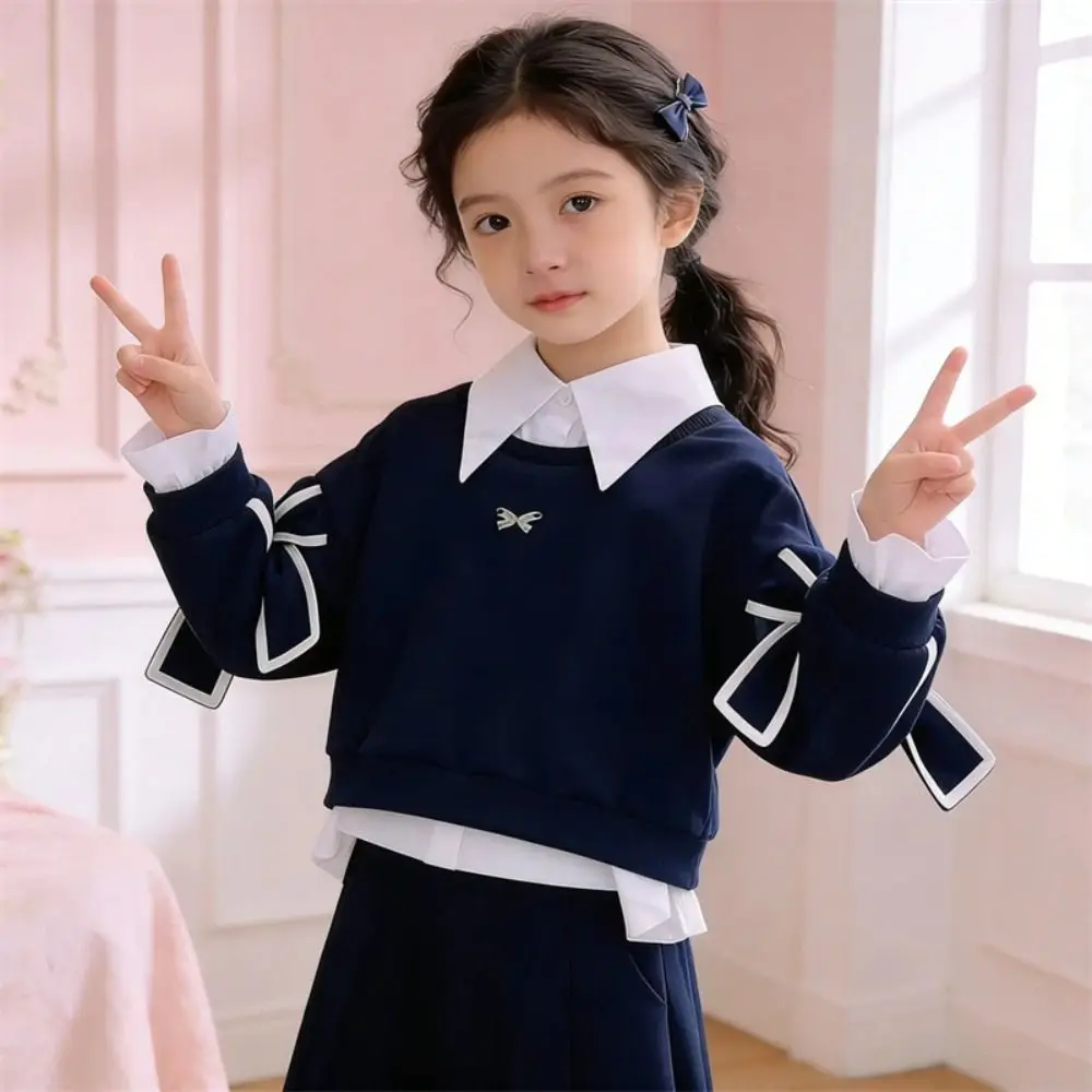 Faux Two Piece Girls Sweatshirt Bow Sleeve Accents Layered Hem Girls Casual Top Preppy Style Navy Long Sleeve School Casual Wear