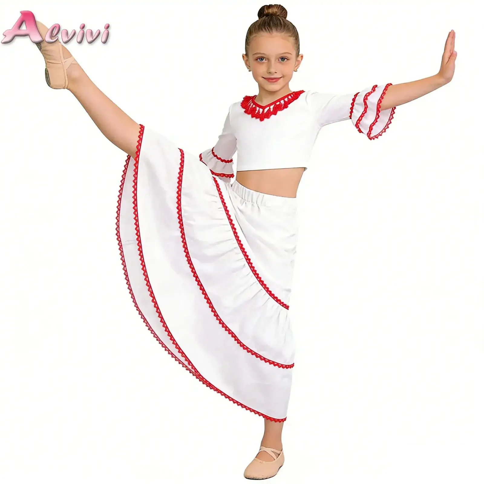 

Kids Girls Flamenco Dance Suit Tassel Ruffle Half Sleeves Crop Top with Satin Tiered Skirt Outfit for Performance Competition