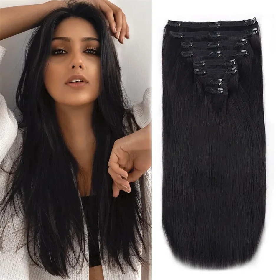 Natural Straight Clip In Human Hair Extensions 100% Real Human Hair Extensions 10-26 Inch Color #1B Black 120g For High Quality