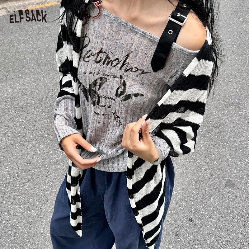 

ELFSACK 2025 Autumn New Arrival Acubi Fashion Lightweight Striped Multifunctional Shawl For Woman