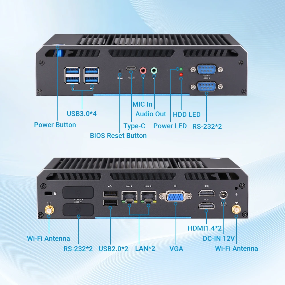 VNOPN 5th Gen Fanless Mini Computer  2-4*RS232 RS485  2*HDMI  Dual LAN windows10 linux   Embedded Computer Industrial Mini PC