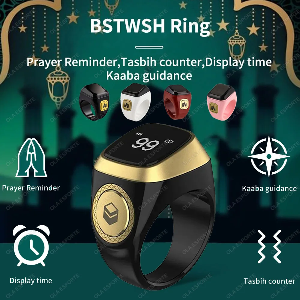 IQibla Smart Praise Zikr Ring Tasbih Tally Intelligent Digital Counter for Muslims 5 Prayer Time Vibration Reminder Waterproof