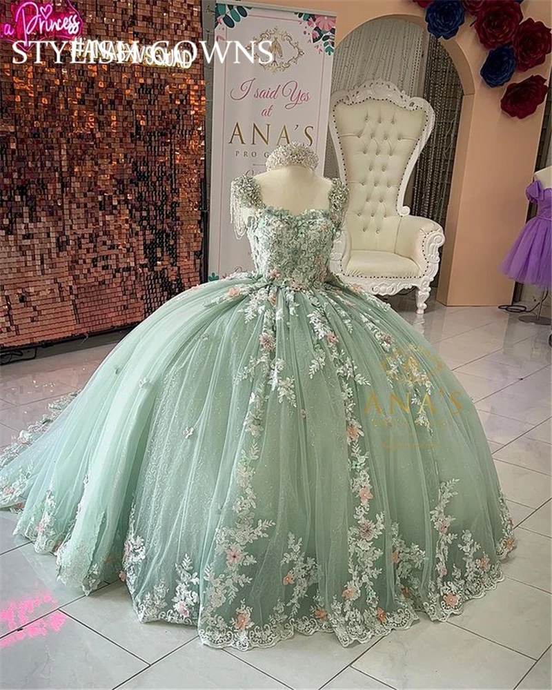 Ánh Sáng Xanh Người Yêu Bóng Đồ Bầu Quinceanera ĐẦM ĐÍNH HẠT Appliques Sinh Nhật Váy Xòe Áo Đầm Vestido De 15 Anos Ngọt Ngào