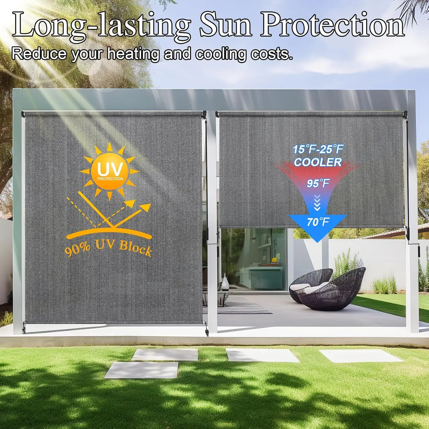 Outdoor Roller Shades, 220GSM HDPE Exterior Cordless Patio Shades Roll Up Outdoor Blinds for Porch Gazebo 10'(W) x 8'(H), Splice