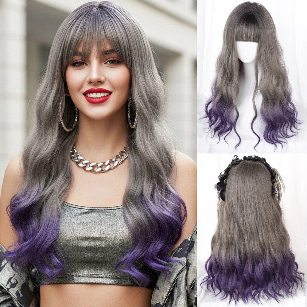VICWIG Synthetic Hair Long Wavy Purple Green Black Blue Brown Cosplay Wig with Bangs for Women