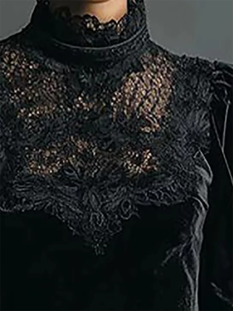 

Elegant Women's Velvet Satin Evening Dress Vintage Sexy Lace Hollow Out Bodycon Dress Lantern Sleeve Gothic Party Maxi Gown Robe