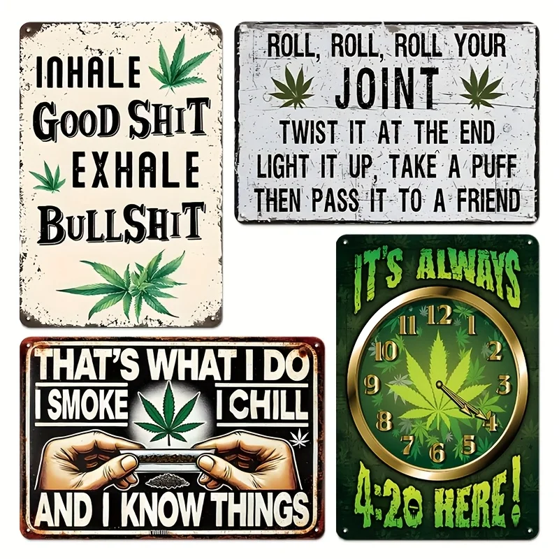 4pcs Funny Vintage Tin Weed Signs Man Cave Decor Wall Art Poster For Garage Yard Bar Club, Cool Gifts For Men, 8 X 12 Inches