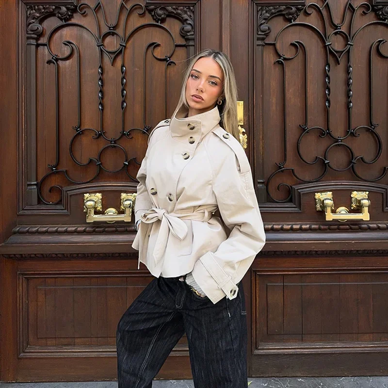 Frühlings-Damen-Trenchcoat mit Schnürung, Stehkragen, Doppelreihiger Knopfverschluss, Stilvolle Neue Damen-Jacke mit Langen Ärmeln, Streetwear-Oberbekleidung – Detail 17