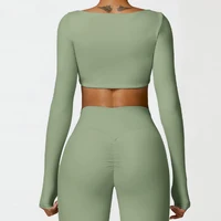 Hearuisavy Summer Casual Quick Dry Sportswear Women Square Neck Gym Top Women Fitness Sports Crop Top Long Sleeve Yoga Clothing 2