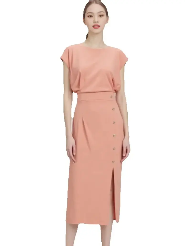 

Elegant Round Neck Side Split Buttons Mid Dress With Short Sleeves