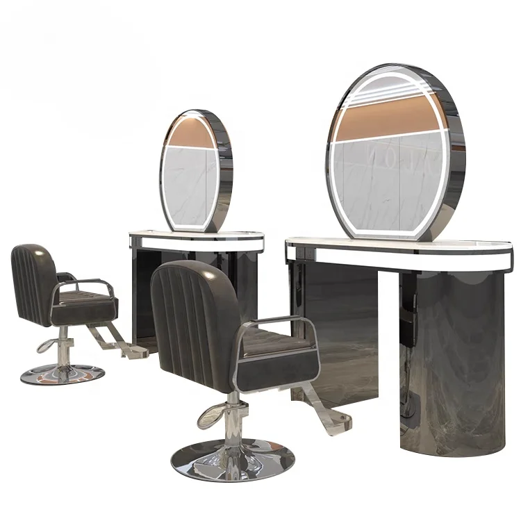 Custom Salon Hair Dressing LED Mirror Makeup Mirror Station 2 Person Double Side Mirror Table