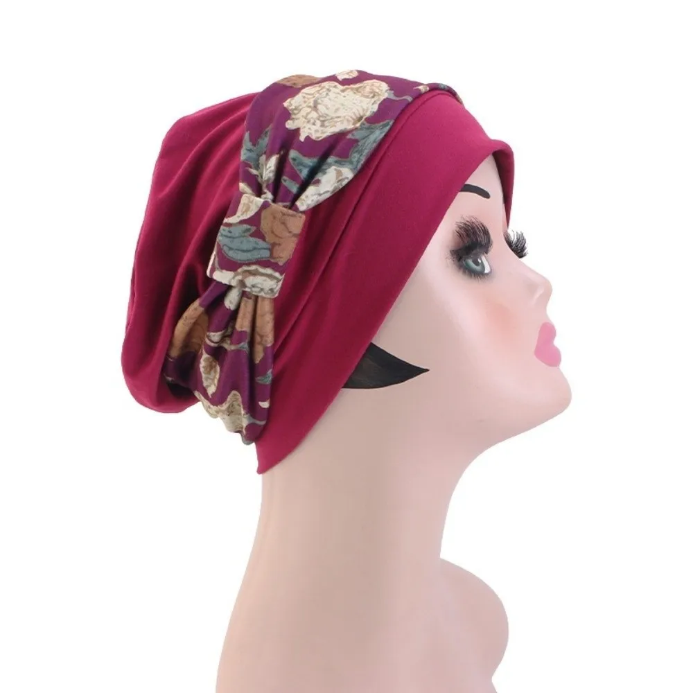 Soft Elastic Pre-Tied Turban Hat Solid Base Pre-Tied Bow Head Wrap Beanie Lightweight Stretchy Fabric Hair Protection Head Wrap