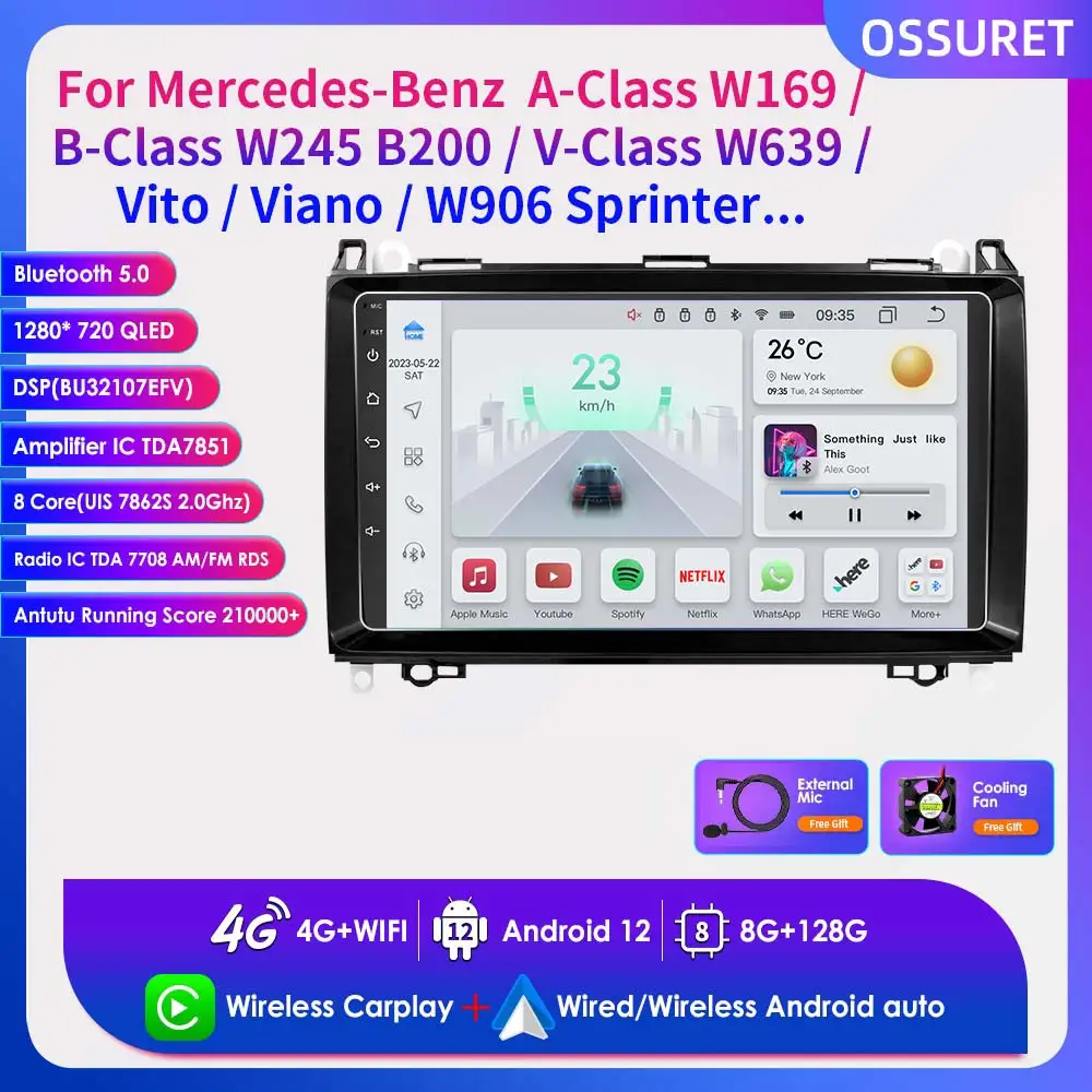 

9" Car Radio Multimedia Player Navigation GPS for Mercedes Benz W639 Sprinter W169 W245 Viano Vito W906 Android 12 4G USB SWC FM