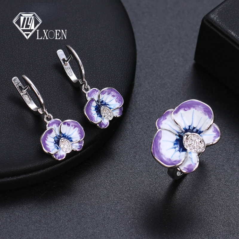 LXOEN Fashion Poppy Flower Jewelry Set Ring and Earring Set for Women Blue and White Porcelain CZ Zirocn Fashion Jewelry Gift