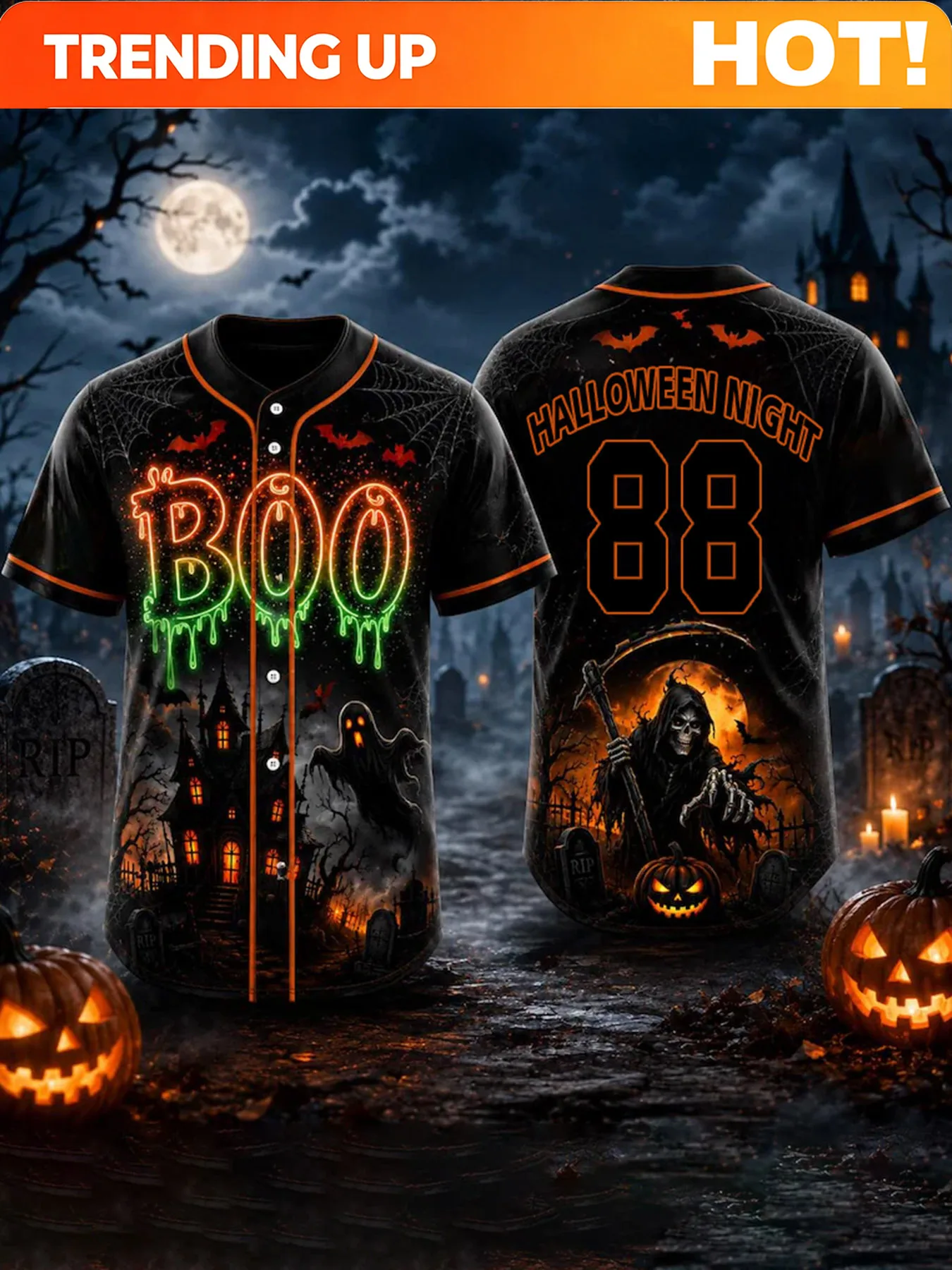 Customization Men's Fashion Halloween Night Casual Trendy Boo Graphic Baseball Jersey With Neon Castle Grim Jack O Lantern Bat S