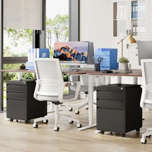 3 Drawer Black File Cabinet, Mobile Under Desk Storage File Cabinet with Lock on Wheels, Letter/Legal Size,Fully