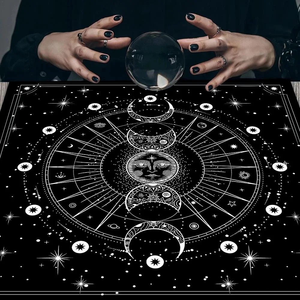 Square Mystic Tarot Tablecloth, Machine-Washable Triple Moon Phase Celestial Table Cover, Compatible with Tarot Cards