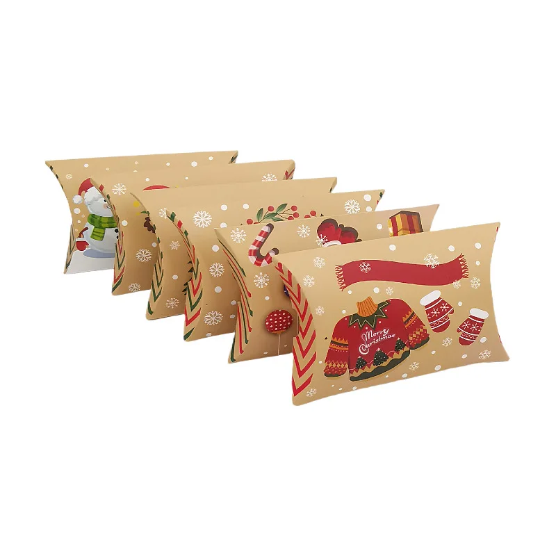 12/24Pcs Kraft Paper Christmas Pillow Candy Gift Box Sweet Creative Favor Gift Packaging Gift Box Merry Christmas Party Supplies