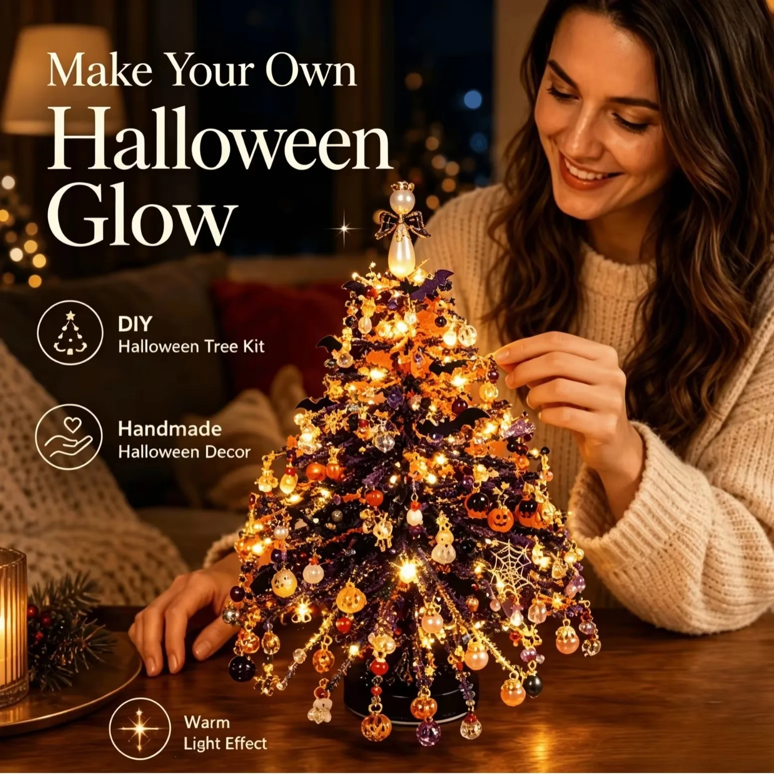 DIY Beaded Christmas Tree Kit – Crystal Bead Holiday Craft Set with LED Lights, Home Decor Gift for Adults