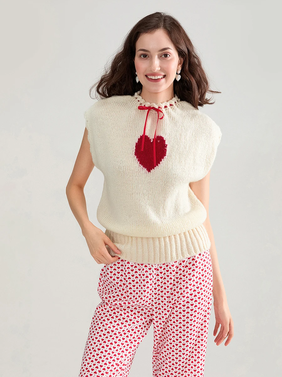 Women s Heart Knitted Tops Drawstring Satin Bow Ribbed Short Sleeve Round Neck Cute Sweater