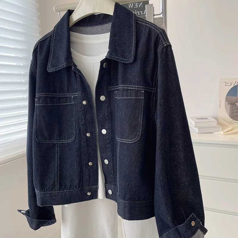 

Women Retro Denim Jacket Spring Autumn New American High Street Casual Loose Tops Fashion Versatile Pockets Lapel Blue Coat
