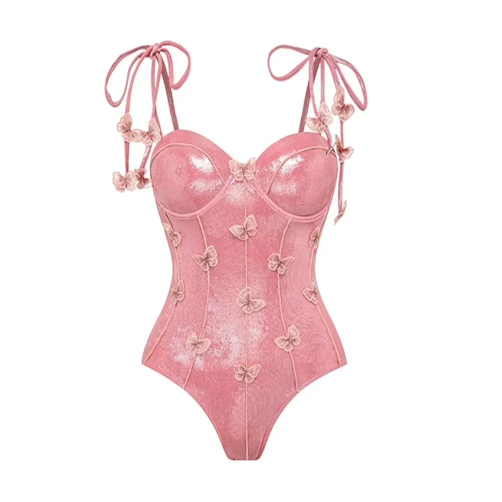 2024 Pink Shiny Embroidered Butterfly One Piece Swimsuit and Split Skirt Push Up Swimwear Monokini Bodysuit Bathing Suit