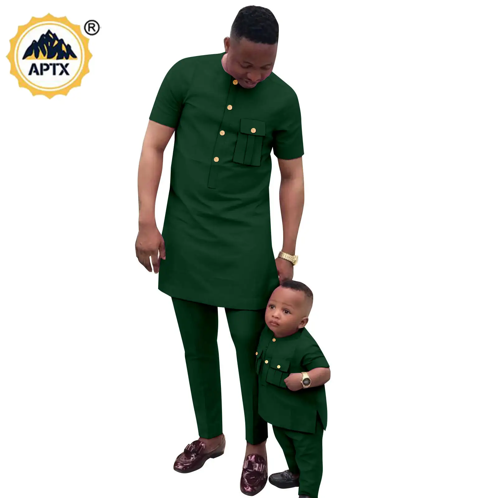 African Clothes for Father and Son Summer Dashiki Short Sleeve Top and Pant Sets Bazin Riche Men Outfits Family Outwear 24F010