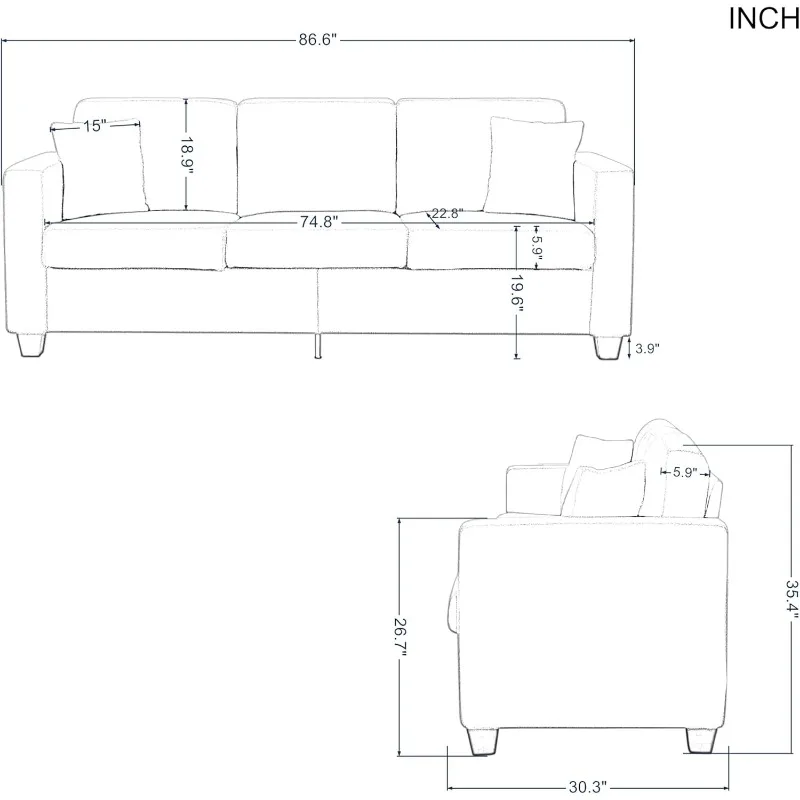 86.6” Modern Sofas Couch, Comfy 3-Seater Teddy Fabric Deep Seat Sofas with 2 Pillows for Living Room, Office Lounge, Apartm