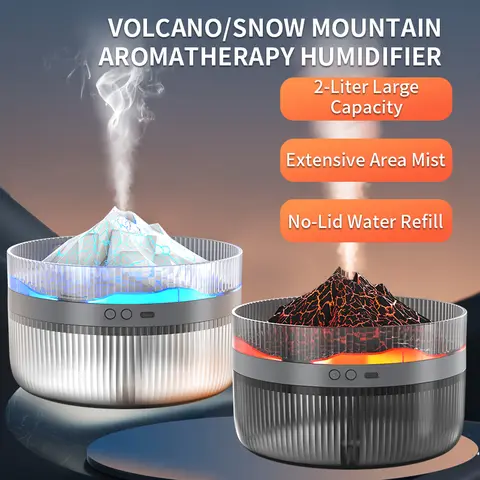 2025 New 1pc Volcano Snow Mountain Shaped Aromatherapy Humidifier, 67.63oz Large Capacity with LED Flame Effect, USB Powered