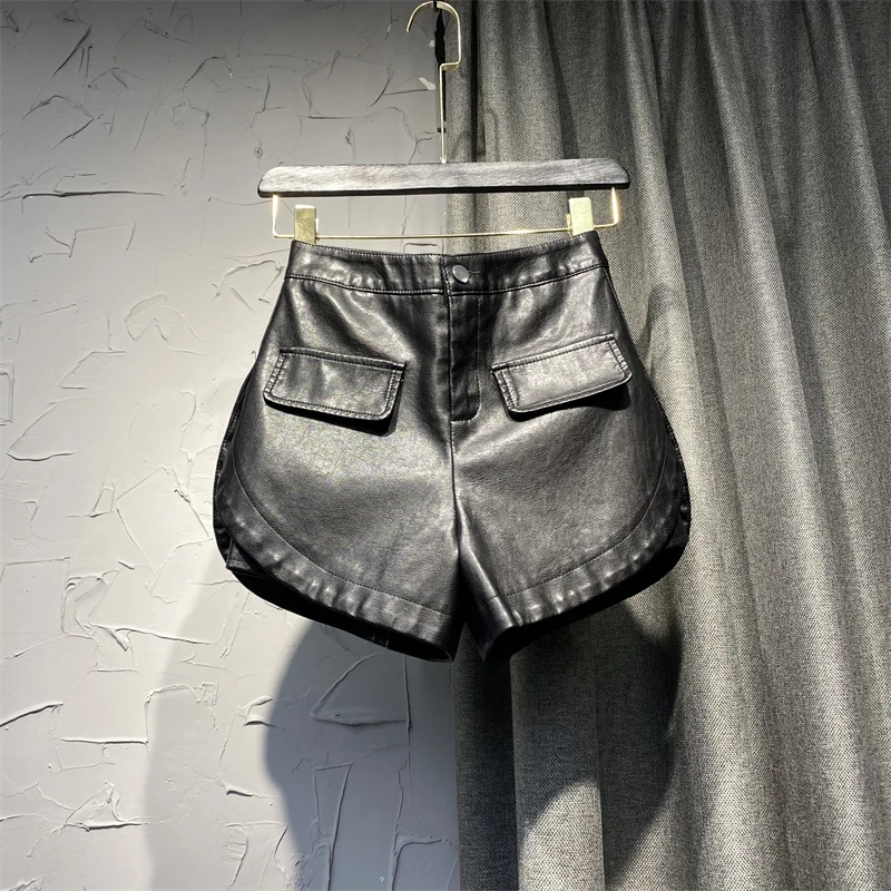 Shorts de couro cintura alta para mulheres, calça casual para senhoras, calça curta elegante para todos os jogos, café preto